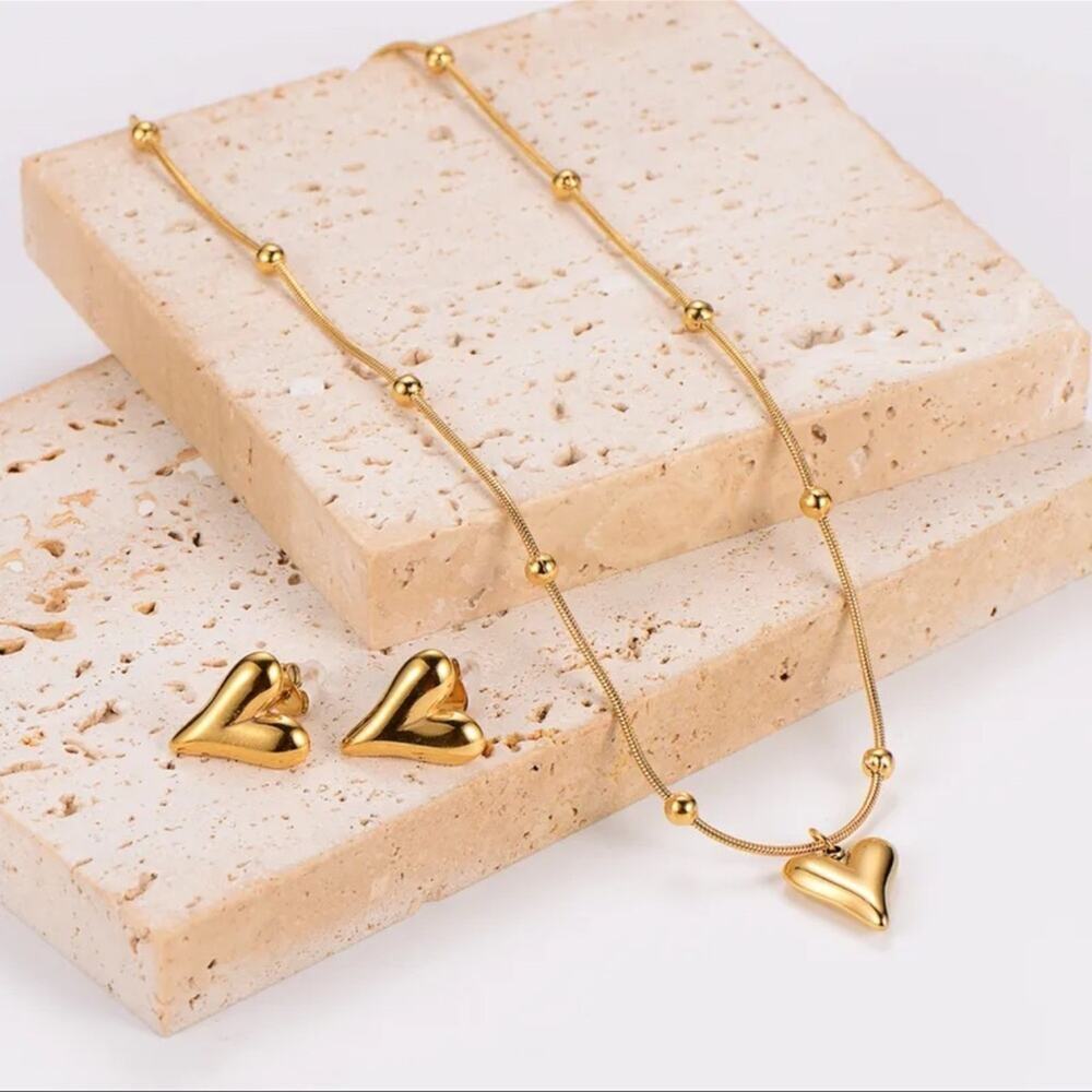 Gold Plated Heart Pendant Necklace and Earrings Set